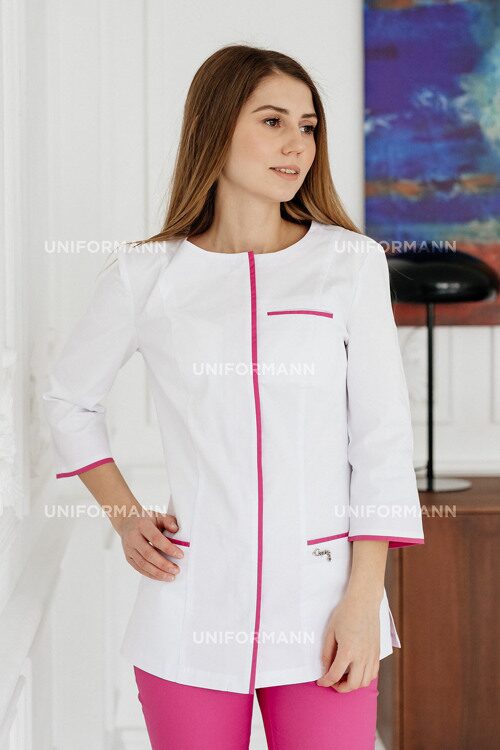 Блуза женская 6304 белая с розовой отделкой, 46